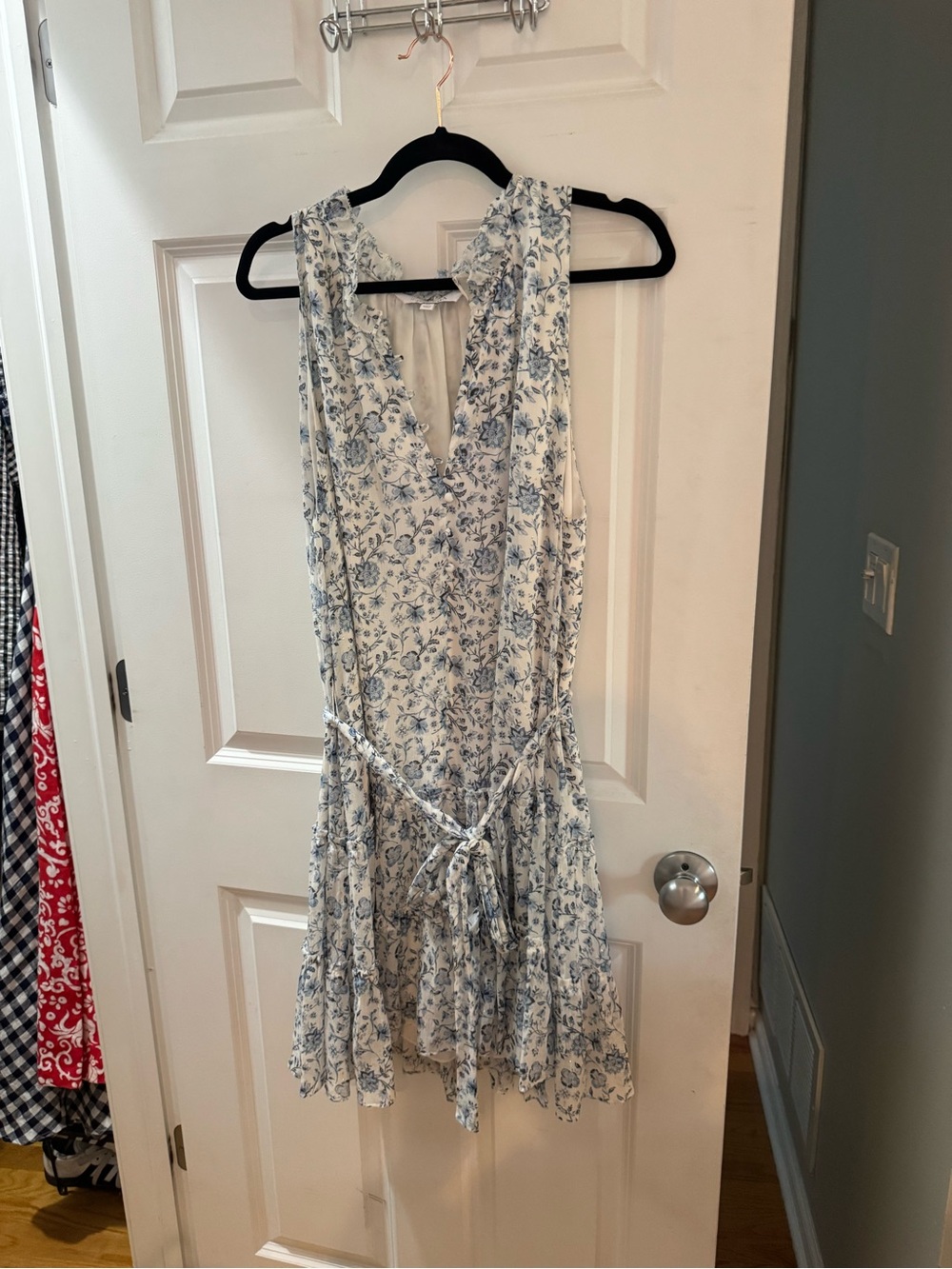 INTERMIX Cream and Blue Floral V-Neck Mini Dress